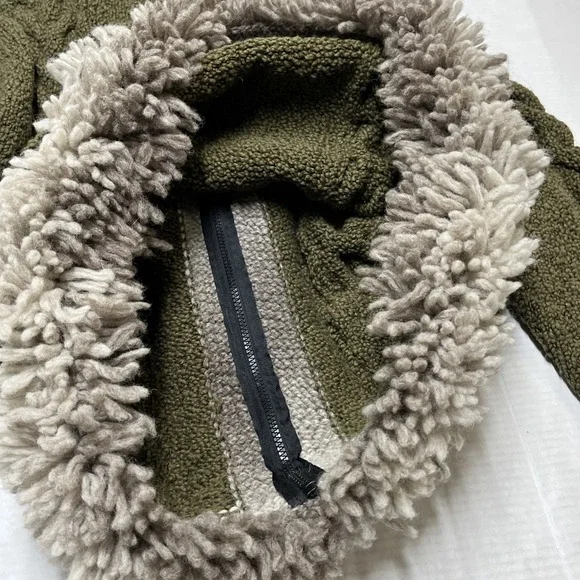 Mitmak Jacket Womens L Green Wool Cable‎ Knit Faux Fur Trim Hooded Indie Boho